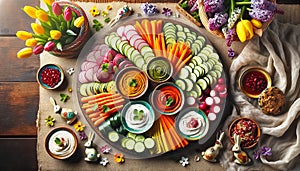 Vibrant Easter Feast of Fresh Vegetables and Dips