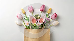 Vibrant Easter Shopping Spree Festive Flowers Bunny Ears and a GiftReady Shopping Bag for Spring Celebrations photo