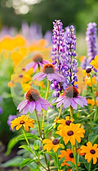 Vibrant Echinacea Flowers,Lupines and other flowers in Summer Bloom garden.Floral landscape design. Blooming garden