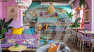 Vibrant, Eclectic Cafe Interior With Colorful Decor in Morning Light