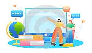 Education focused collaboration with digital tools and resources. Vector illustration