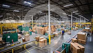 Vibrant and efficient conveyor belt system in a bustling warehouse fulfillment center