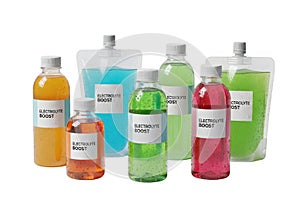 Vibrant electrolyte drinks in bottles and pouches for hydration and energy