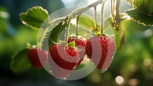 Vibrant Elegance: A Pair of Ripe Strawberries Hanging from a Delicate Stem, Capturing Nature\'s Sweet Symphony - AI Generative