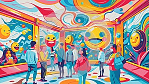 Vibrant Emoticon Exhibition with Happy People Engaging in Art Display World Emoji Day