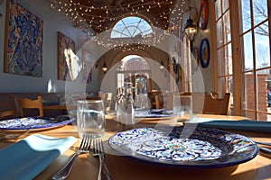 Empty Mexican Restaurant Dining Room with Talavera Plates