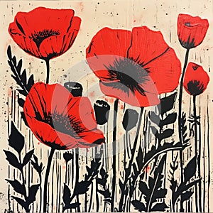 Vibrant Encaustic Painting: Red Poppies On Wood By Jim Mahfood