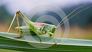 Vibrant Encounter: Green Grasshopper on Lush Green Grass