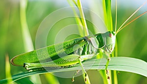 Vibrant Encounter: Green Grasshopper on Lush Green Grass