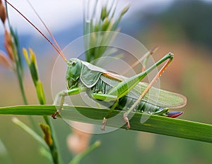 Vibrant Encounter: Green Grasshopper on Lush Green Grass