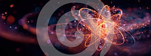 Vibrant and ethereal depiction of an atom with swirling orbits and an energetic core