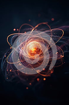 Vibrant and ethereal depiction of an atom with swirling orbits and an energetic core