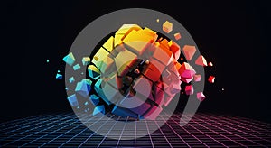 Vibrant exploding cube over a retro grid background