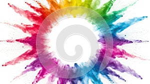 Vibrant explosion of colorful powder forming a circular frame on a white background
