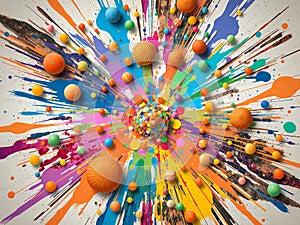 A vibrant explosion of colors and shapes emanating from a central point, with various spherical objects, intricate patterns, and