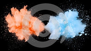 A vibrant explosion of orange and blue particles against a stark black background.