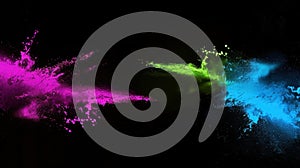 Vibrant explosion of pink, green, and blue paint on black background