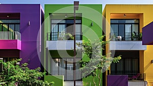 Vibrant and eyecatching townhouses with bold exteriors in shades of royal purple emerald green and sunny yellow evoking