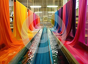 Vibrant fabrics in a gradient of colors being dyed in a textile factory