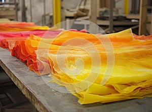 Vibrant fabrics in a gradient of colors being dyed in a textile factory.