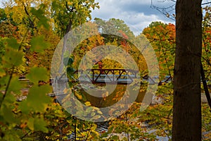 Vibrant fall colors surrounding the bridge in Island Park Grand Ledge, MI