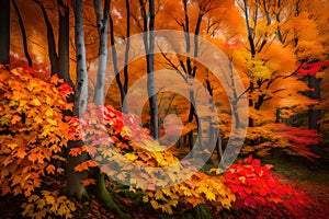 Vibrant fall foliage in a forest, with leaves of various colors, symbolizing the arrival of Thanksgiving