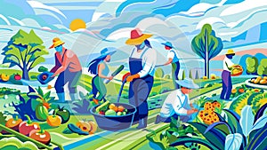 Vibrant Farm Harvest Scene with Workers Collecting Fresh Produce Vector photo