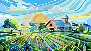 Vibrant Farm Landscape with Colorful Fields Under Blue Skies vector