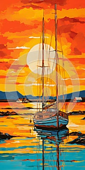 Vibrant Fauvist Sail Boat Illustration In Provincetown Harbor At Sunset