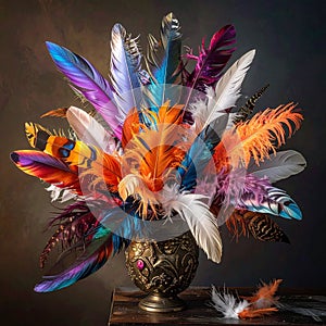 Vibrant Feather Bouquet in an Ornate Vase Still Life