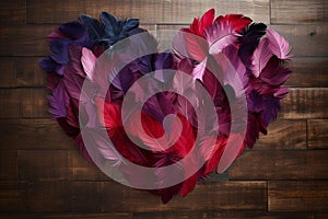 Vibrant Feathered Hearts on Textured Wood photo