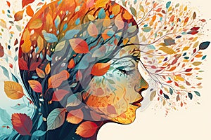 Vibrant female head with multicolored tree & leaves, surreal digital art, lively organic imagery. Generative AI