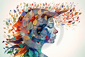 Vibrant female head with multicolored tree & leaves, surreal digital art, lively organic imagery. Generative AI