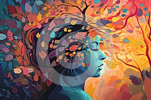 Vibrant female head with multicolored tree & leaves, surreal digital art, lively organic imagery. Generative AI