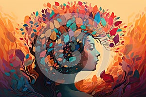 Vibrant female head with multicolored tree & leaves, surreal digital art, lively organic imagery. Generative AI