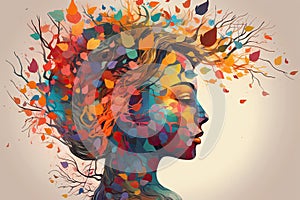 Vibrant female head with multicolored tree & leaves, surreal digital art, lively organic imagery. Generative AI