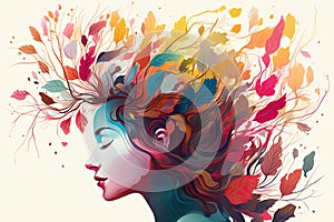 Vibrant female head with multicolored tree & leaves, surreal digital art, lively organic imagery. Generative AI