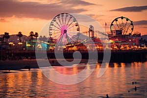 A vibrant ferris wheel illuminates the night sky on a sandy beach., Santa Monica Pier at sunset, AI Generated, AI Generated