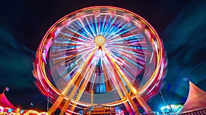 Vibrant Ferris Wheel at Night, Colorful Lights in Motion. A Captivating Scene of Amusement Park Fun. Perfect for Family