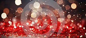Vibrant and festive abstract red bokeh blurred background with merry christmas lights