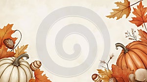 A vibrant and festive autumnal scene featuring colorful leaves, pumpkins, and acorns arranged in a border format. The image is photo