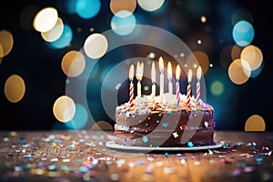 A vibrant and festive background image for a birthday celebration. Birthday cake with candles, bright lights, and confetti