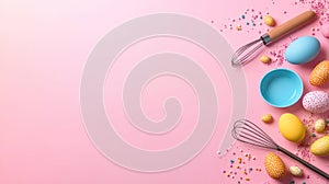 Easter Celebration Table Setting with Blue Dishes, Bunny Ears, and Colorful Eggs on Pink Background