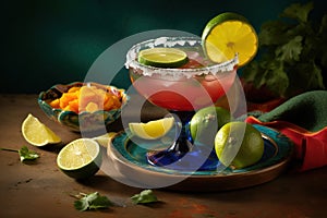 A vibrant, festive margarita, served in a salt-rimmed glass and garnished with a slice of lime, surrounded by fresh ingredients,