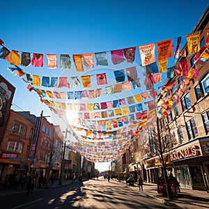 Vibrant Festive New Years Celebration: Colorful Banners & Streamers Against a Clear Blue Sky