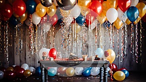 Vibrant Festive Party Decor: Gleaming Balloons & Colorful Streamers on Wooden Table photo