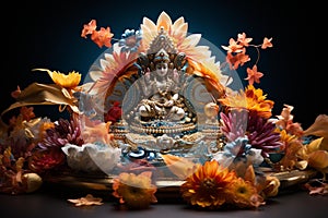 Vibrant Festive Tabletop: Hindu Deity Idol and Colorful Powders photo