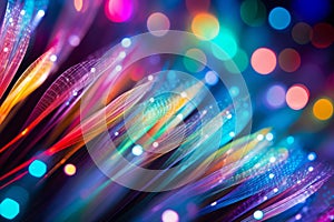 Vibrant Fiber Optic Cables Shining With Multicolored Lights And Bokeh Effect. Generative AI