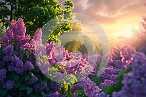 A vibrant field bursting with purple flowers, illuminated by the golden rays of the sun in the background, A lush lilac field on a