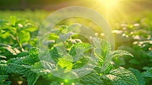 A vibrant field filled with green leaves, illuminated by the warm rays of the sun, A field full of fresh mint leaves under the